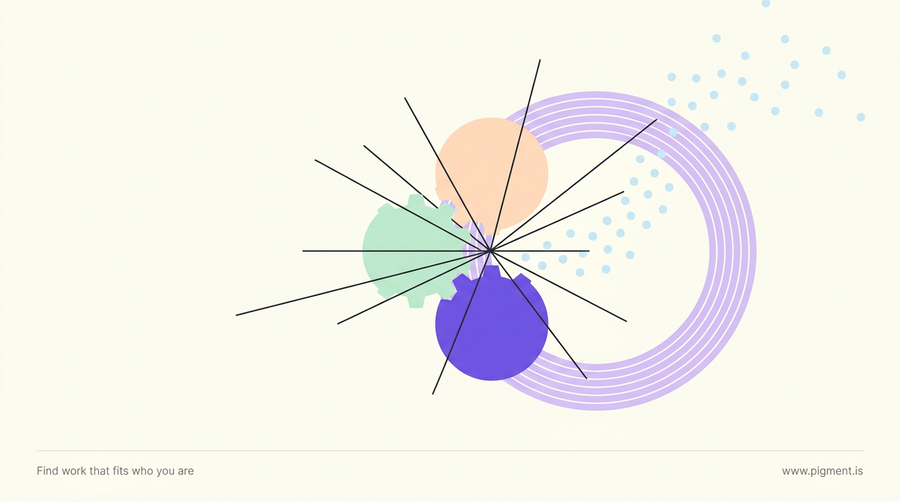 Abstract Pigment-palette composition of a lavender gauge ring and meshing peach, mint, and violet gear-circles on warm cream, suggesting a machine finding balance.