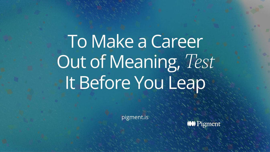 Cover for make a career out of meaning, test it before you leap: two overlapping circles, peach and lavender, with a small violet shape resting where they meet on cream