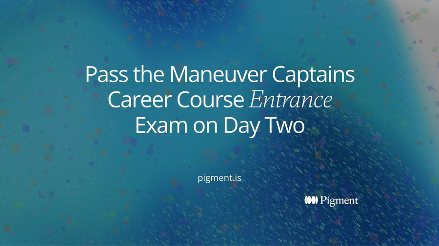 Abstract cover on warm cream: one solid violet block at the left of a long row of thin outlined blocks, for the maneuver captains career course entrance exam that opens the course on day two
