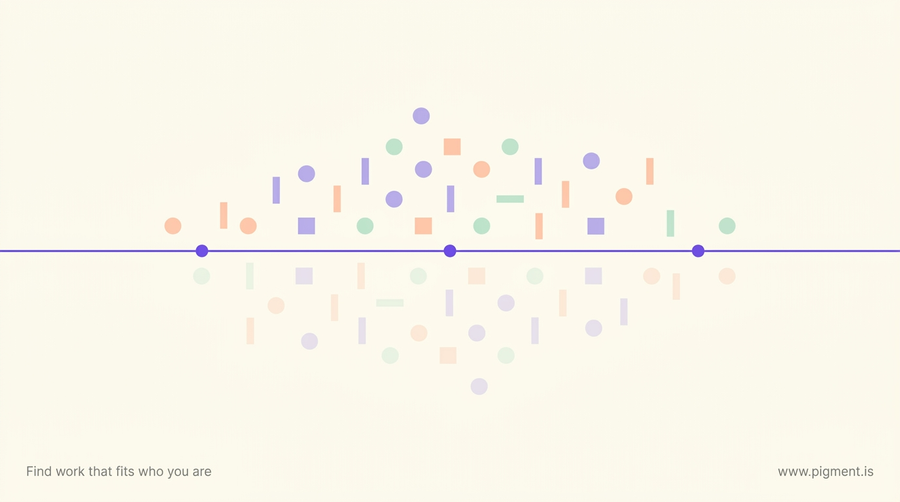 Abstract geometric composition: a field of small scored marks spread across a warm cream canvas, with one long horizontal rule drawn through them at an arbitrary height.