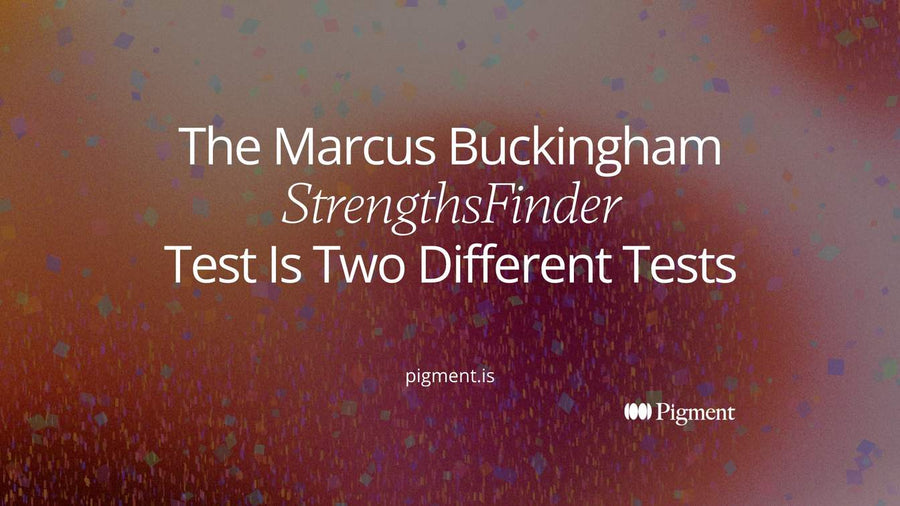 Abstract cover for the Marcus Buckingham StrengthsFinder test: two pastel shapes of different sizes side by side on cream, one large and one small