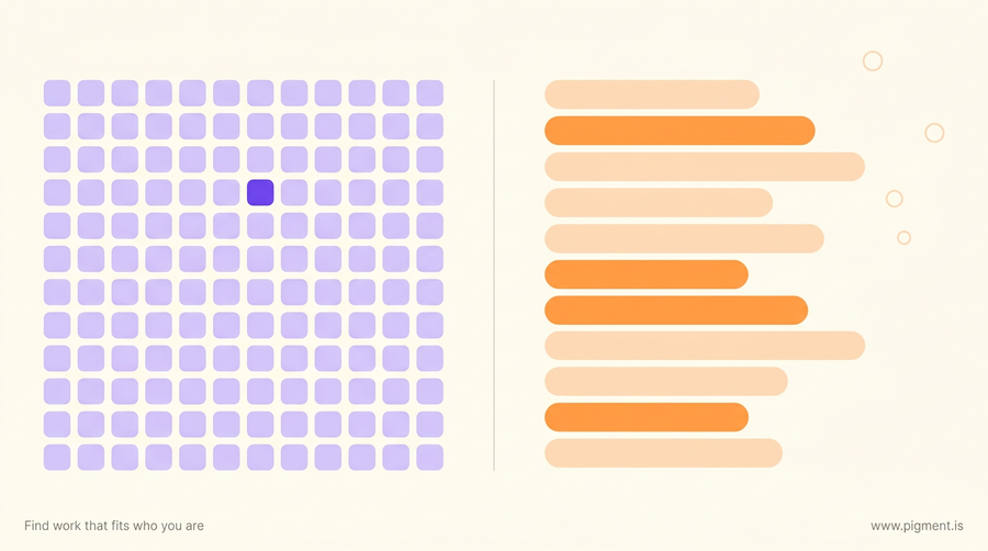 Abstract geometric hero for a marketing manager skills assessment: a dense uniform grid of small squares beside one tall irregular column of bars, the ranking of many candidates set against the profile of a single person.