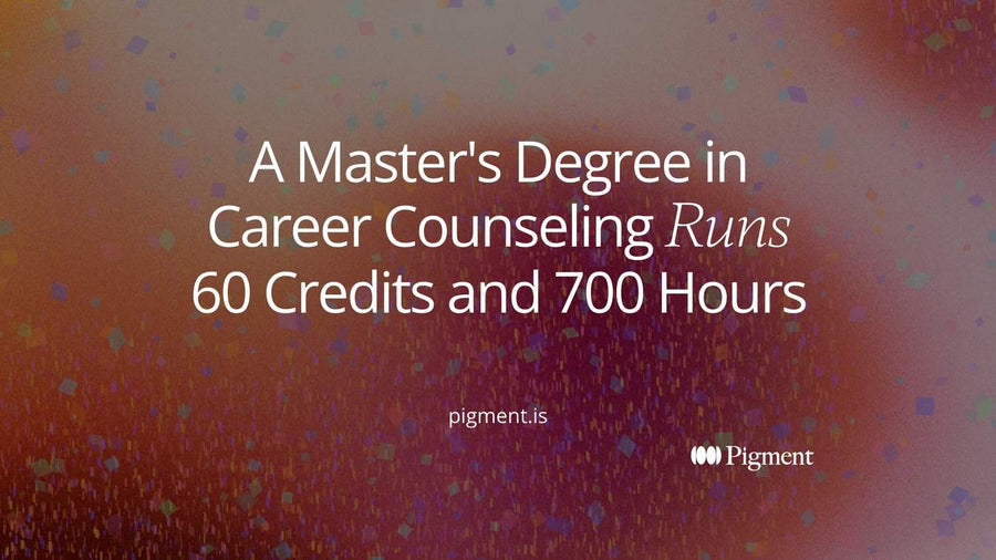 Abstract Pigment hero for a master's degree in career counseling: a counted row of small violet squares above one much longer orange bar, standing for coursework against the supervised hours beneath it.