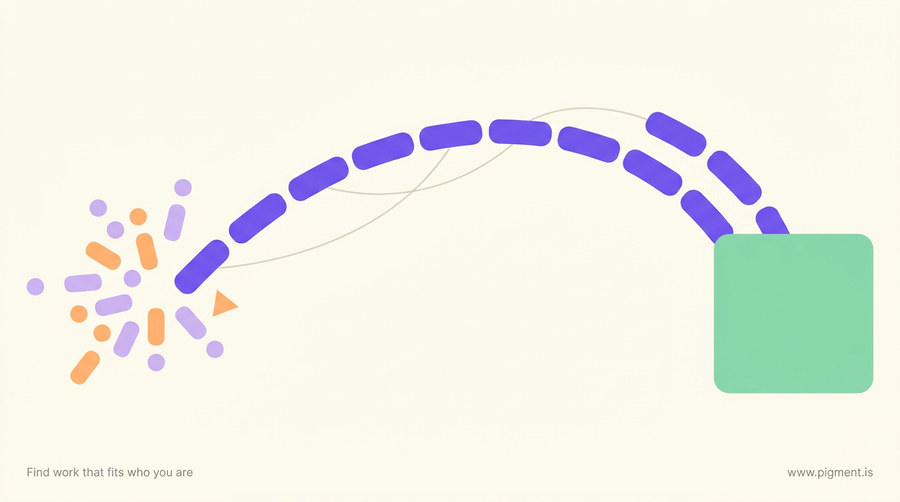 Abstract Pigment-style hero: warm geometric shapes forming an arcing path from a cluster of small forms toward one larger destination shape, on cream.