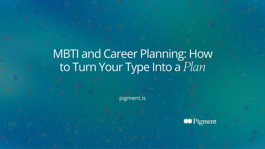 Abstract cover for MBTI and career planning: four soft letter-shaped blocks leading along a path to a single marked point, the plan
