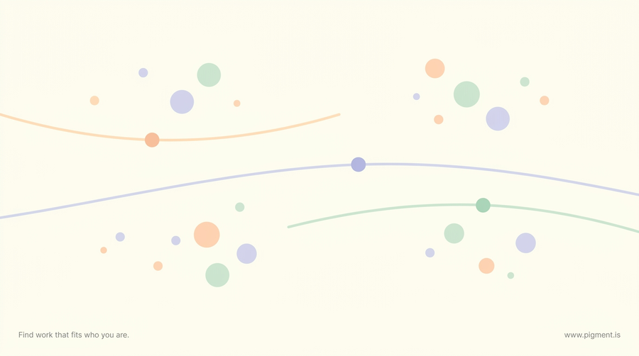 Abstract Pigment illustration for the MBTI Arabic test: soft curved lines with position dots and a scattered constellation of small circles on warm cream.