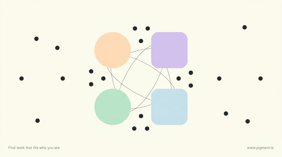 Warm abstract illustration for an MBTI kids test guide: four soft pastel shapes linked by thin lines, with sixteen small scattered dots, suggesting a child's four preferences and the sixteen types they combine into.