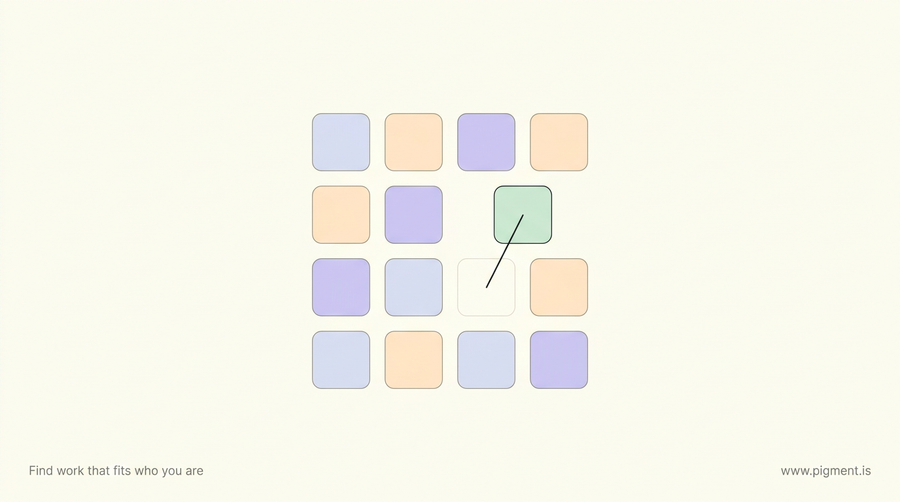 Abstract cream illustration of a four-by-four grid of soft squares, one square lifted out and connected by a thin line back to its empty slot, evoking an MBTI mistype being corrected.