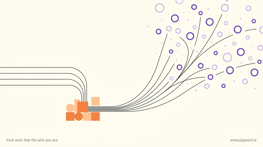 Abstract composition in two moods: on the left, thin lines settle onto a tight cluster of small orange and peach shapes; on the right, they lift and fan into a loose scattered constellation of violet and lavender circles on cream.