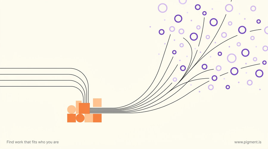 Abstract composition in two moods: on the left, thin lines settle onto a tight cluster of small orange and peach shapes; on the right, they lift and fan into a loose scattered constellation of violet and lavender circles on cream.