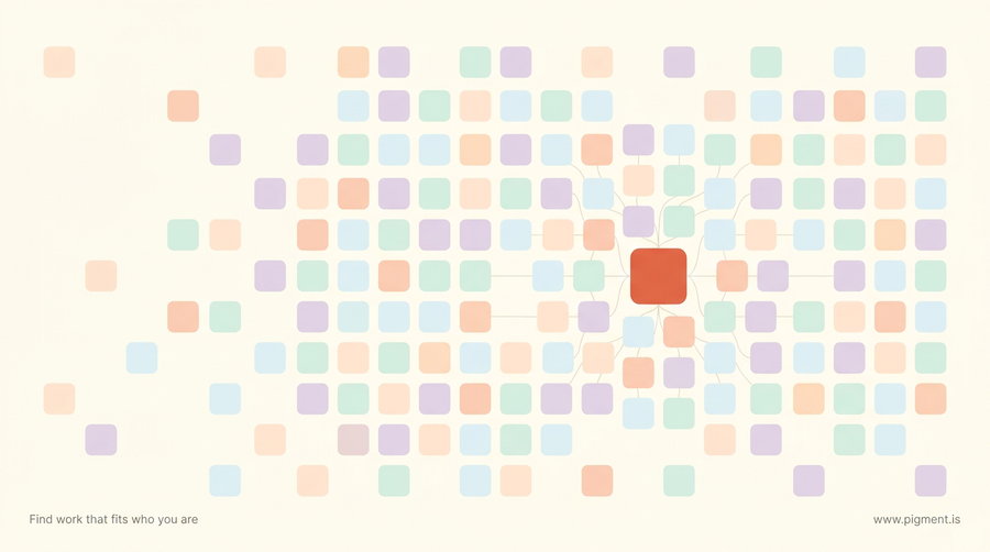 Abstract composition of many small pale four-letter type tiles drifting across a warm cream field and gathering toward one warmer tile, evoking the many free MBTI types and the one that fits you