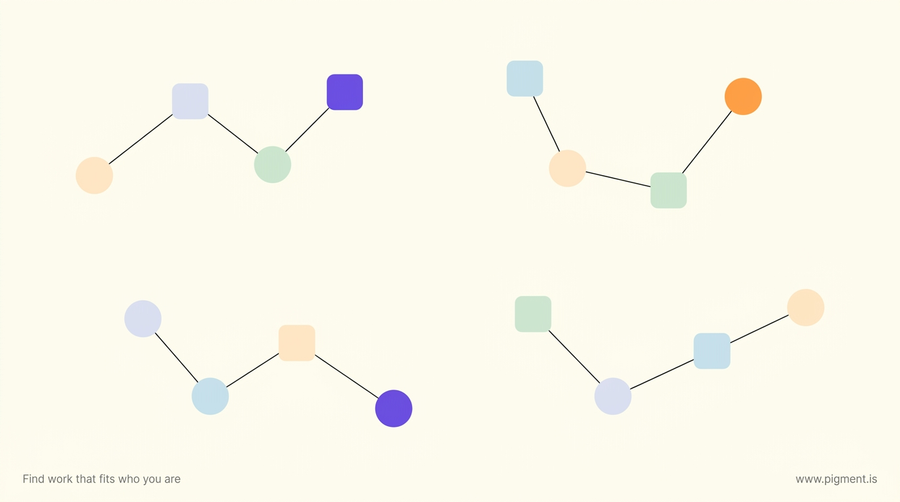 Abstract cream graphic of sixteen small pastel geometric nodes linked into four clusters, a calm constellation standing in for the sixteen MBTI types behind a Star Wars character match.