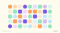 Abstract cream infographic of pastel geometric tokens linked by thin lines, standing for the MBTI types as animal archetypes.