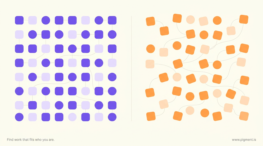 Abstract geometric composition contrasting an ordered grid of shapes with a loose, open scattering of shapes, representing MBTI judging versus perceiving.