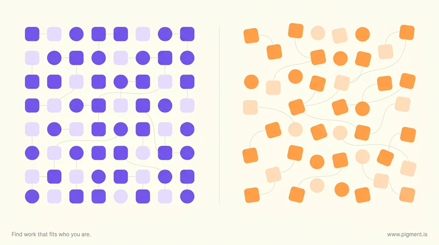 Abstract geometric composition contrasting an ordered grid of shapes with a loose, open scattering of shapes, representing MBTI judging versus perceiving.