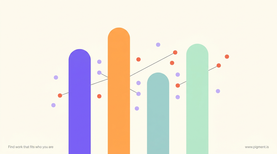 Abstract warm-toned composition of four soft rounded columns and scattered dots, evoking a four-letter personality type, on a cream background.