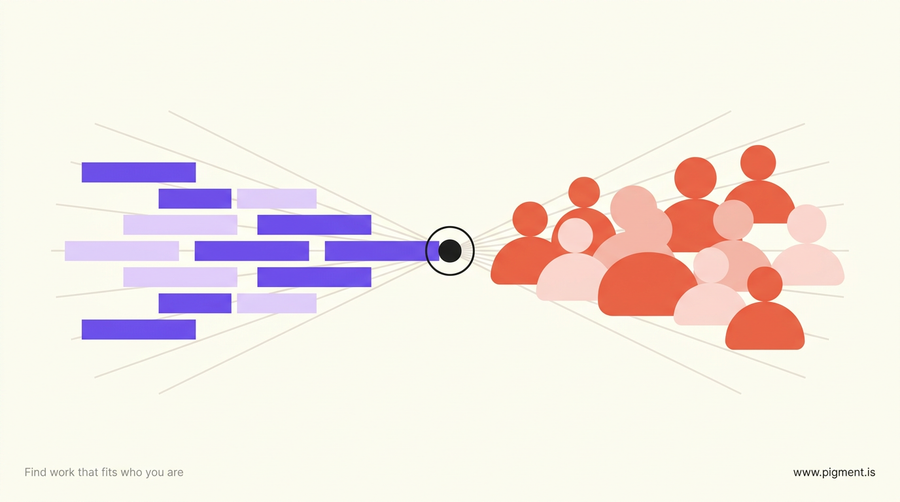 Abstract Pigment hero: orderly violet and lilac bars on the left meet soft coral and blush shapes on the right at a single charcoal decision point, standing for the two criteria a thinking or feeling call weighs, rule and people.