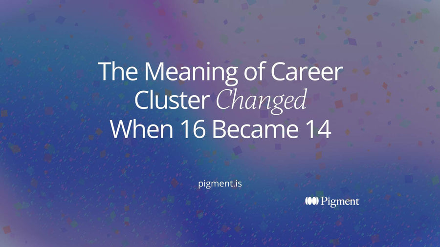 Abstract composition for the meaning of career cluster: sixteen small circles regrouping into fourteen soft clusters of related shapes