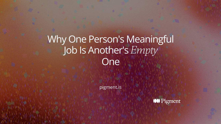 Abstract cover for an article on what makes a meaningful job: two identical soft arches in peach and ice blue, one filled and one hollow, on cream.