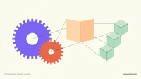 Abstract warm composition of interlocking gear-like circles, a half-folded square, and a small staircase of cubes, suggesting mechanical reasoning paired with spatial visualization.