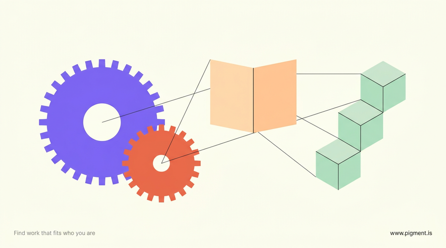 Abstract warm composition of interlocking gear-like circles, a half-folded square, and a small staircase of cubes, suggesting mechanical reasoning paired with spatial visualization.