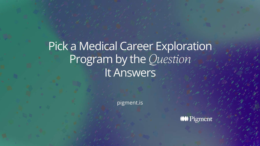 Abstract cover for a guide to choosing a medical career exploration program: five soft geometric paths in peach, lavender, mint and ice blue leading toward one small circle.