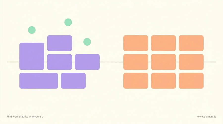 Abstract cream artwork: two groups of rounded blocks of equal total size, one freely arranged and one locked to a rigid grid, standing for Meta vs Amazon work-life balance as control rather than hours.