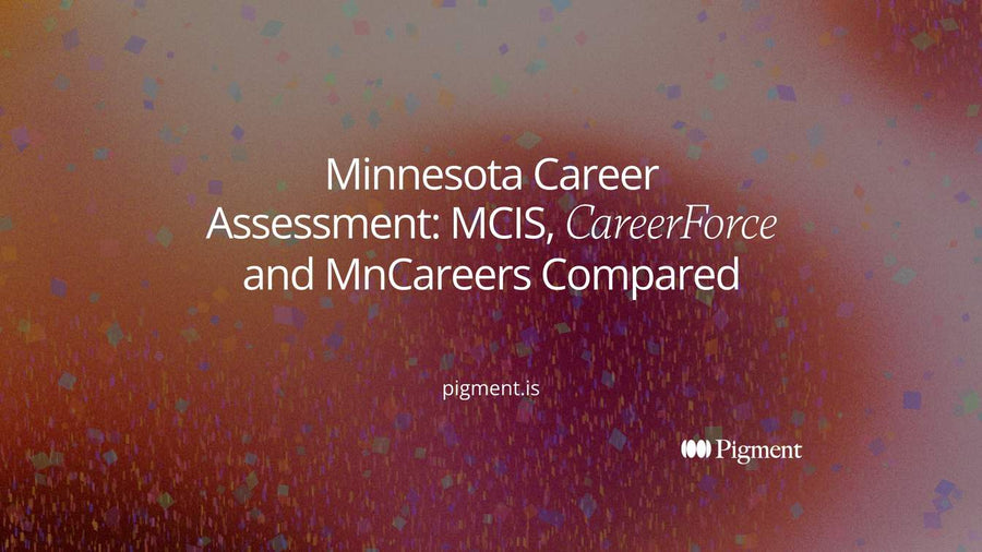 Abstract composition of three rounded doorway shapes in peach, mint and ice blue on warm cream, each with a thin line leading to one shared six-part hexagon, for a Minnesota career assessment guide