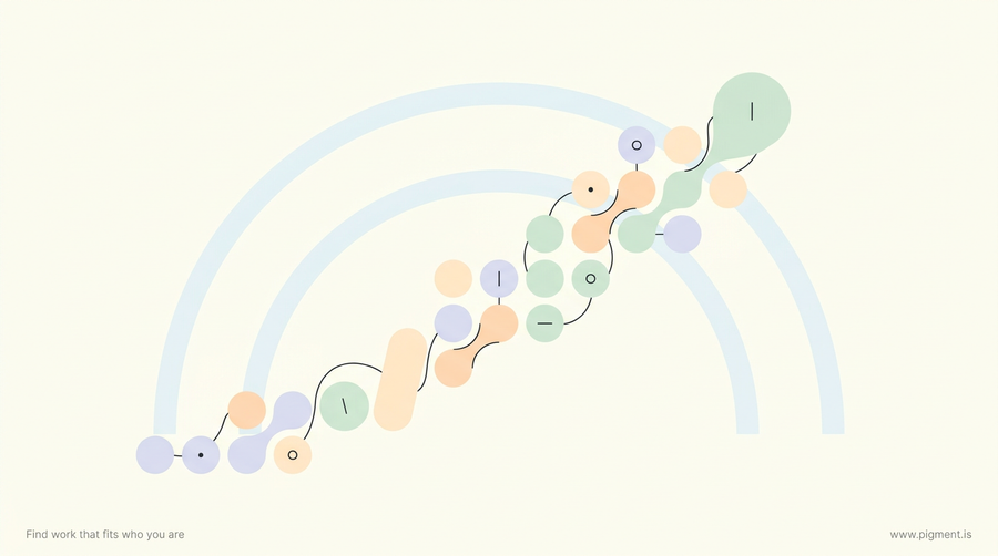 Abstract Pigment illustration: soft rounded shapes in lavender, peach, and mint rising in a gentle diagonal, suggesting a new language steadily coming into focus rather than a fixed limit.