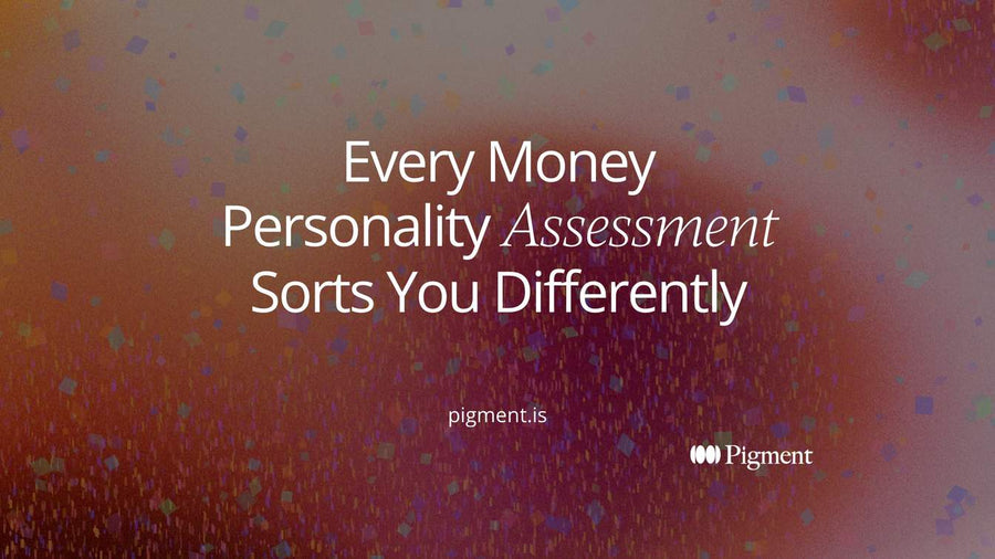 Abstract cover for an article comparing money personality assessments: many small pastel shapes drifting into three loose clusters around three violet and orange circles.