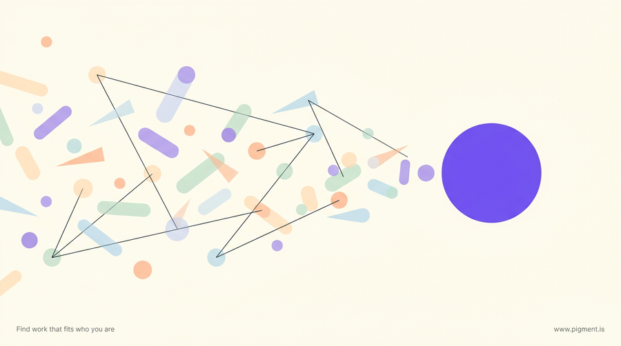 Abstract warm-toned constellation of soft geometric shapes converging on a single clear point, evoking scattered signals resolving into one accurate career-fit reading.