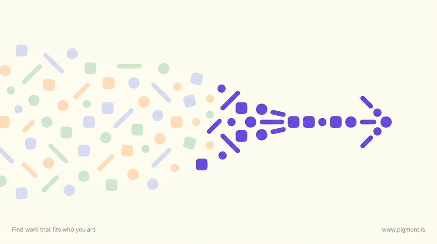 Abstract editorial illustration of scattered lavender, peach, and mint geometric shapes on cream converging into a single violet path, suggesting many traits resolving into one clear career direction.