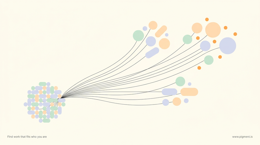 Abstract warm illustration of small shapes moving from one dense cluster outward into three looser groups, evoking nurses branching off the bedside into new career paths.