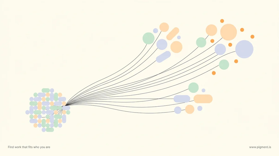 Abstract warm illustration of small shapes moving from one dense cluster outward into three looser groups, evoking nurses branching off the bedside into new career paths.