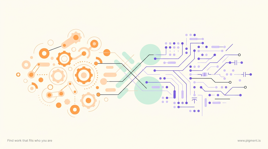 Abstract warm-toned constellation suggesting mechanical and electrical reasoning joined together, hero image for a guide to the MultiCraft aptitude test.
