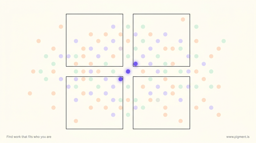 Abstract Pigment illustration: a warm field of peach, lavender, and mint trait dots with four thin square frames covering only part of it, and a few violet dots standing apart in the gaps.