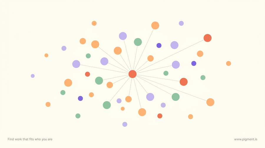Abstract geometric hero for the Myers-Briggs Campaigner (ENFP): scattered peach, lavender and mint dots linked by thin radiating lines on a warm cream canvas, evoking people and possibility.