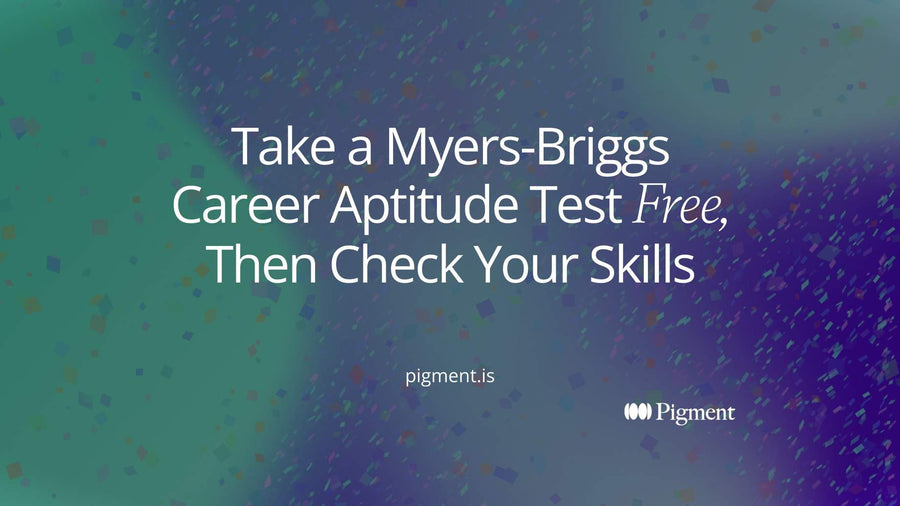 Abstract cover for a guide to taking a Myers-Briggs career aptitude test free: four pairs of pale circles for type preferences beside a stack of bars for skills, linked by a thin line