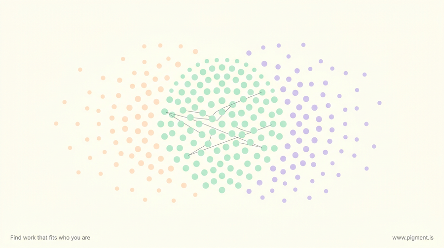 Abstract Pigment hero: two overlapping constellations of small dots in peach and lavender on cream, their overlap zone a soft mint, showing compatibility as the shared area between two personalities