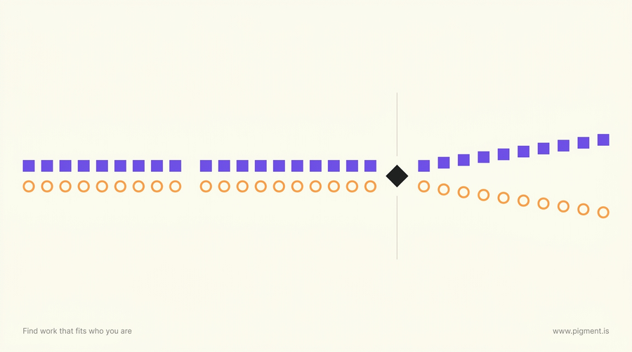 Abstract Pigment illustration of the Myers-Briggs sensing vs intuition split: two parallel streams of small shapes travel together across a cream field, then fork apart at a single marked point.