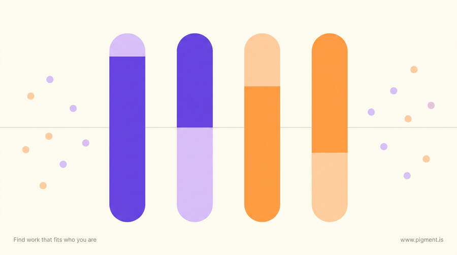 Abstract composition of four tall rounded bars on cream, each split into two colours at a different height, showing a Myers-Briggs test ENFJ result as four preference calls of very different confidence