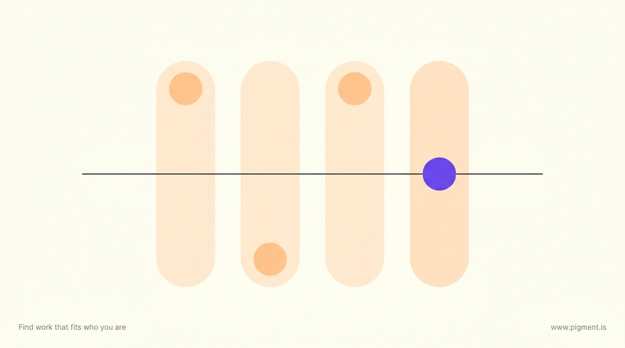Abstract geometric composition on warm cream: four tall vertical channels, each with a small marker, three markers pushed far toward one end and the fourth resting almost exactly on the middle line.