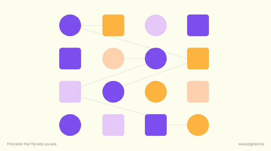Abstract geometric hero for Myers-Briggs types and characters: sixteen circles and rounded squares in violet, peach and lilac scattered across a warm cream canvas.