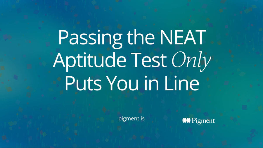 Abstract cover for a guide to the NEAT aptitude test: a row of small charcoal shapes standing in a line on warm cream, with one violet shape joining the end of the line.