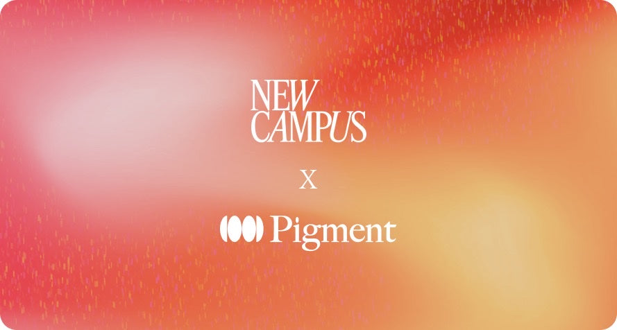 New Campus and Pigment partnership card on a warm orange-and-red gradient background