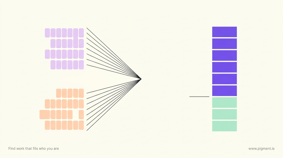 Abstract geometric hero showing two separate stacks of small blocks converging through thin lines into one narrow nine-segment band, the shape of the NJATC aptitude test battery resolving into a single score