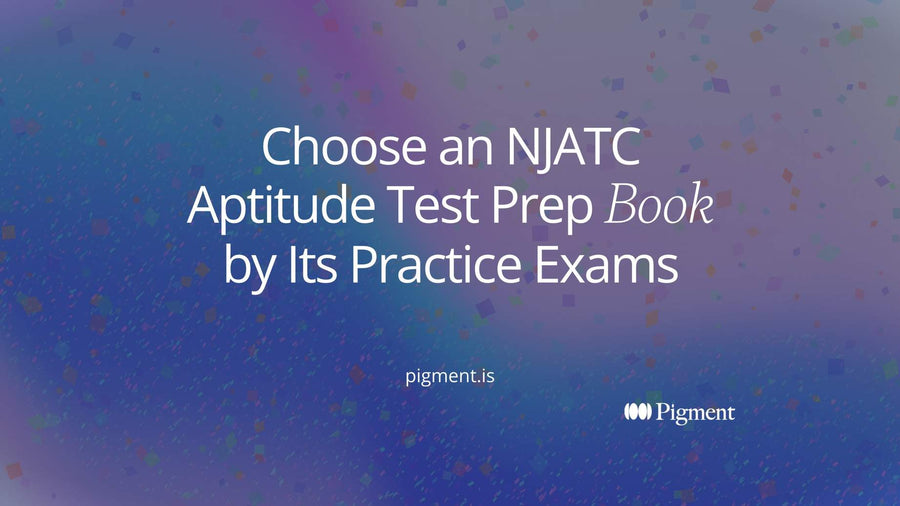 Abstract cover for a guide to choosing an NJATC aptitude test prep book: four slim book spines on warm cream, one tinted peach.