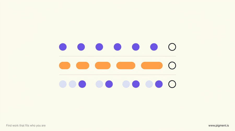 Abstract flat-vector composition of three rows of dots and pill shapes in violet, orange and pale lavender, each row spaced in a different rhythm, on a warm cream background.