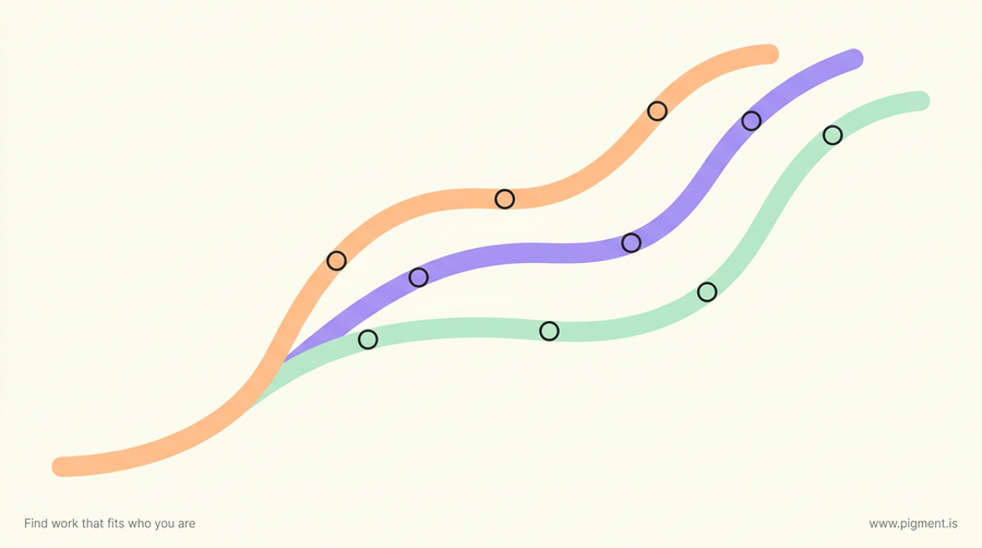 Abstract flat vector art on cream: one peach path splits into three ribbons in peach, lavender and mint, evoking the three choices in a nurse career change.