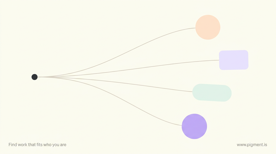 Abstract warm composition of several curved and straight lines fanning out from one point to soft rounded shapes, evoking the many paths of a nursing career change.